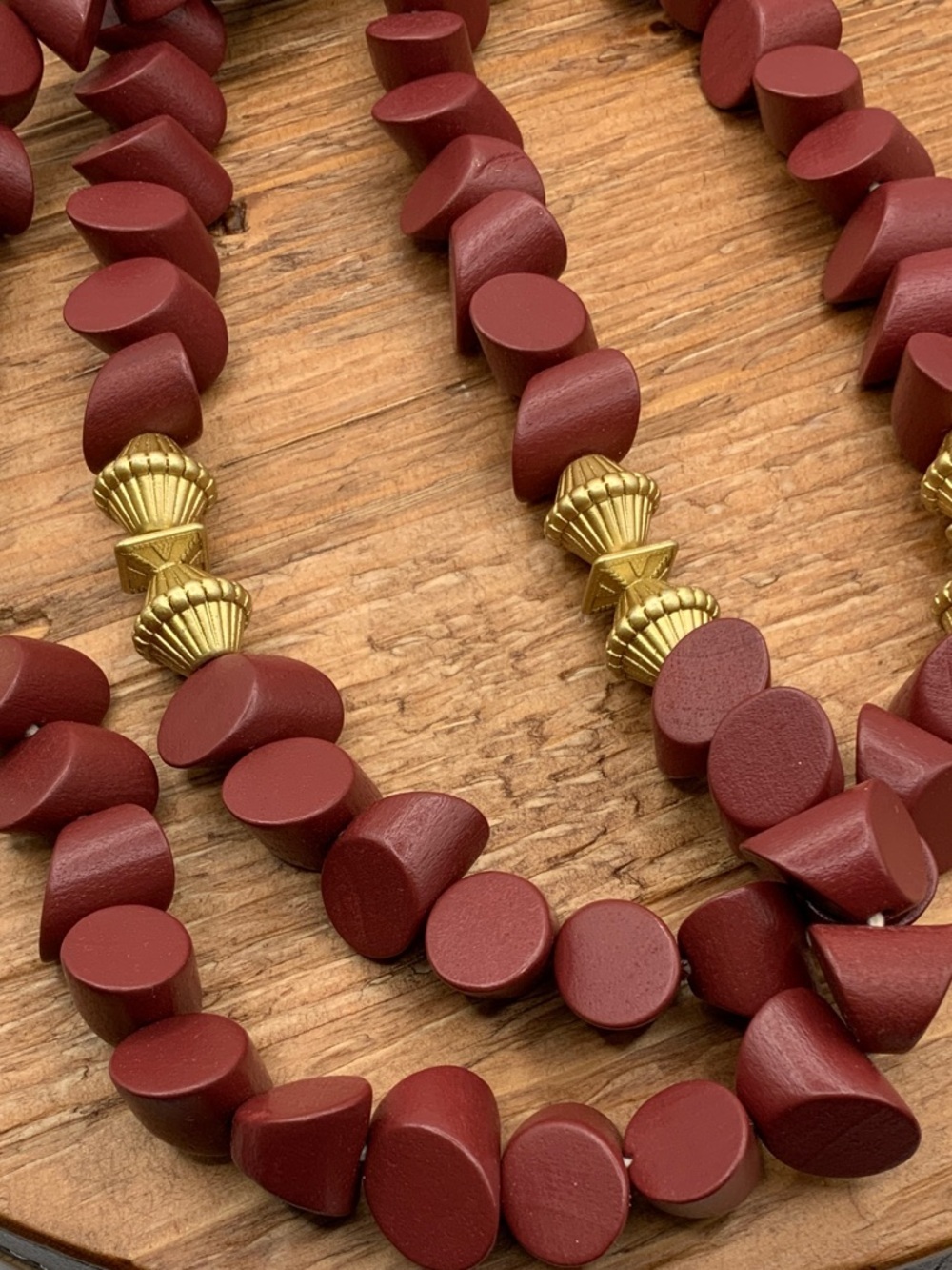 Plunder Design Double Strand Matte Burgundy Wood Bead Boho Gold Accents Necklace